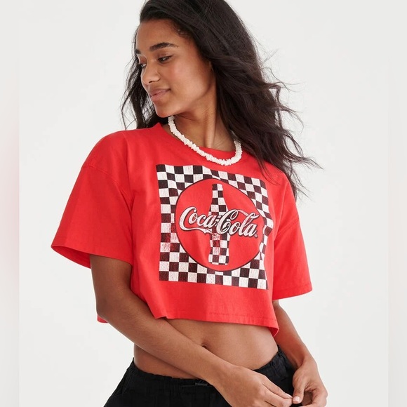 Coca-Cola® By Aéropostale Checker Logo Cropped Boyfriend Tee - NWT - Picture 1 of 5